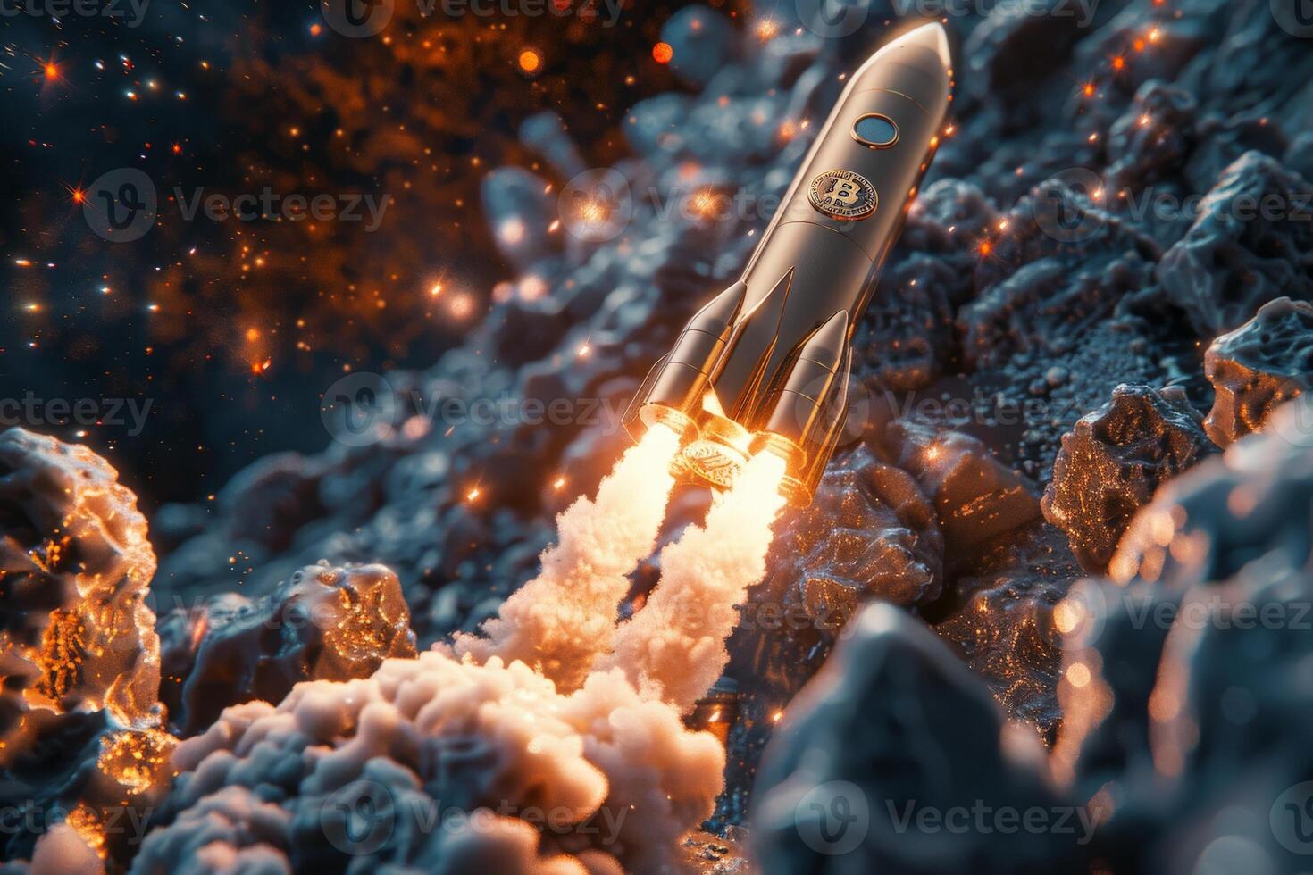 A rocket is flying through the air, emitting smoke, soaring in the sky photo