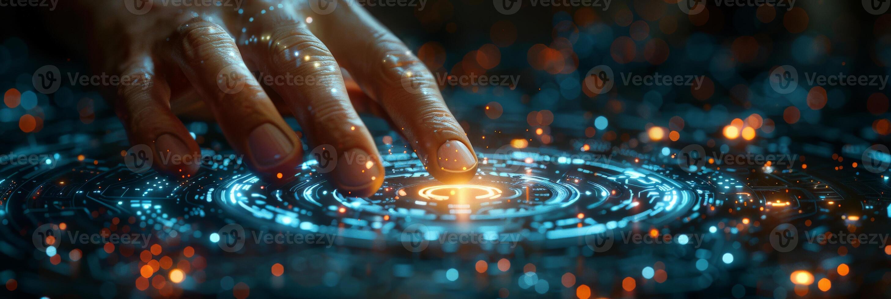 A hand is pressing a button on a screen with a futuristic design photo