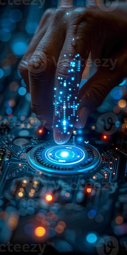 Persons hand pressing a button on a circuit board photo