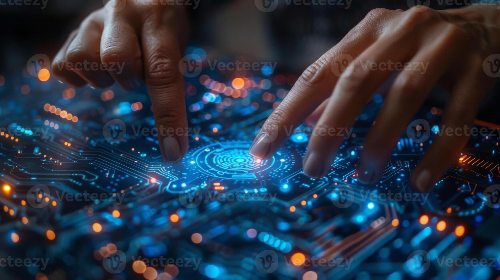 Hands pointing at a circuit board with technology and electronics keywords photo