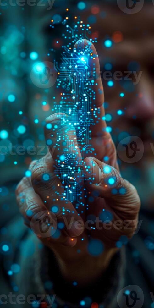 A man is using his finger to press a button on a hightech display photo