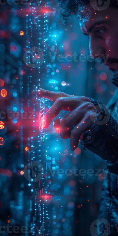 A man is touching a screen with his finger, engaged in an interactive activity photo