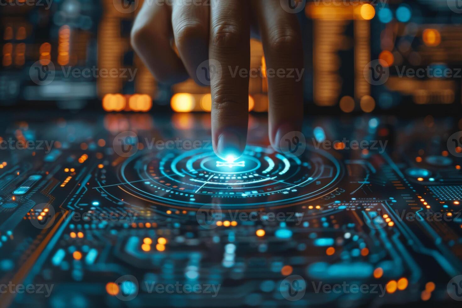 In the image, an individual is seen pushing a button on a modern display screen photo