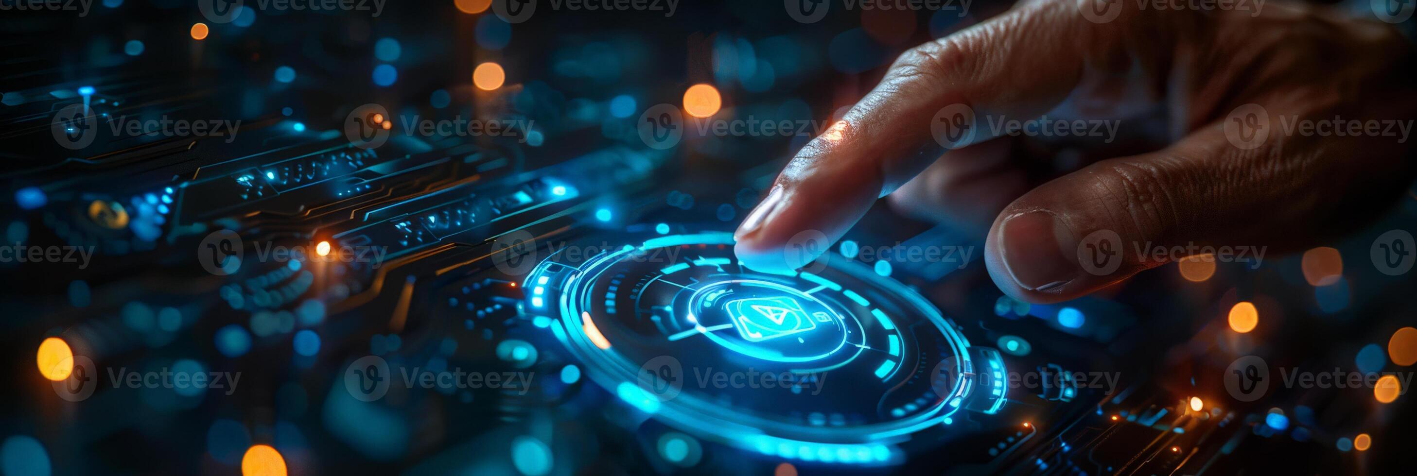 A person is interacting with a hitech touchscreen using their finger photo