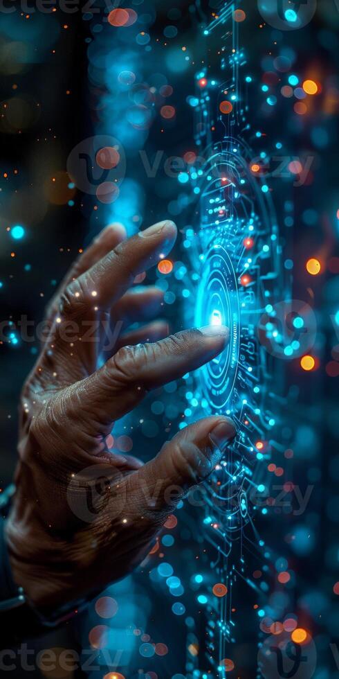 A close up of a persons hand touching a screen under water photo