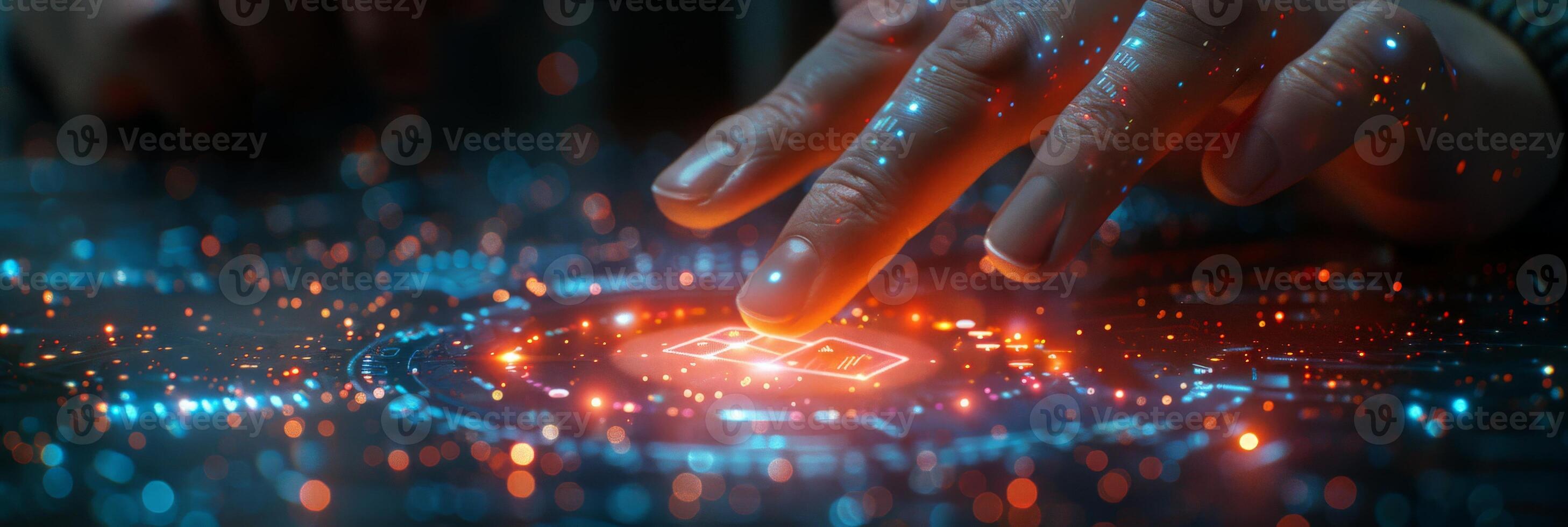 A person is interacting with a modern touchscreen using their finger photo