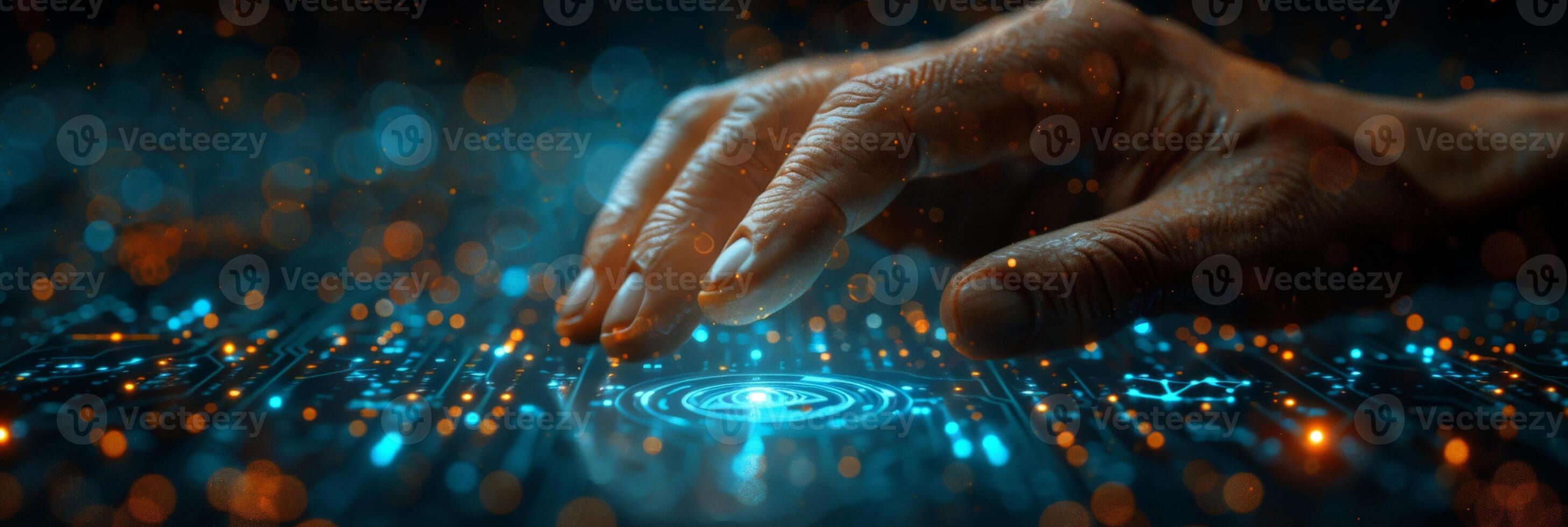 Close up of a hand pressing a button on a futuristic screen photo