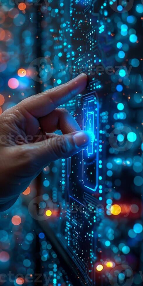 A persons hand pressing a button on a computer screen photo