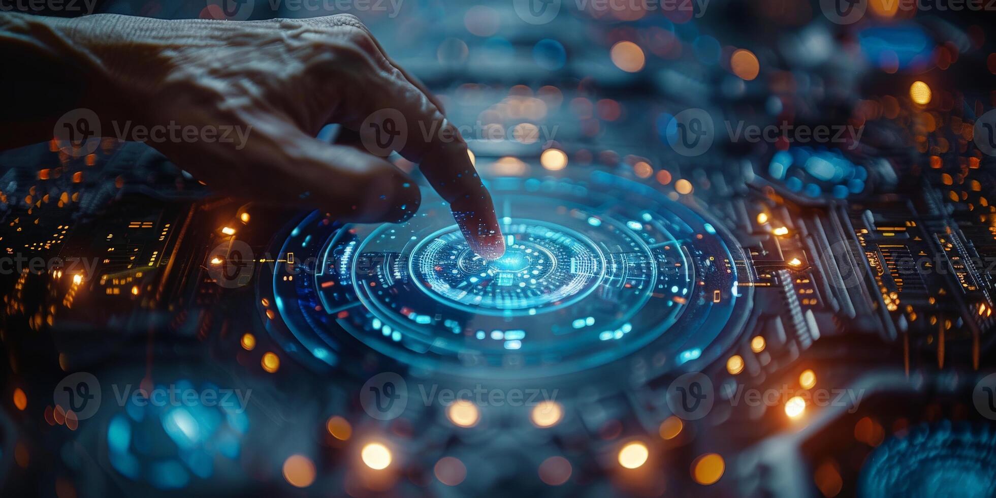A person is interacting with a futuristic touch screen photo