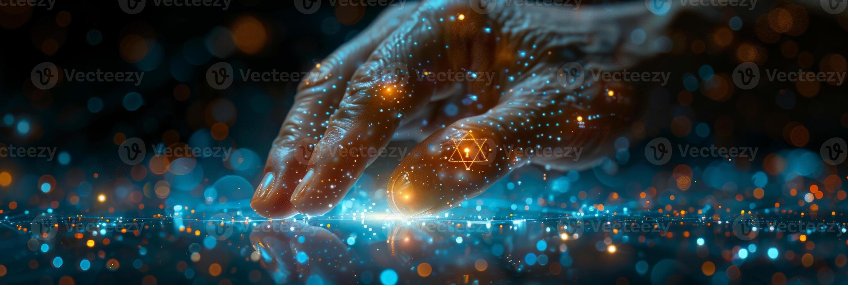 The image shows a persons hands interacting with a digital screen in closeup photo