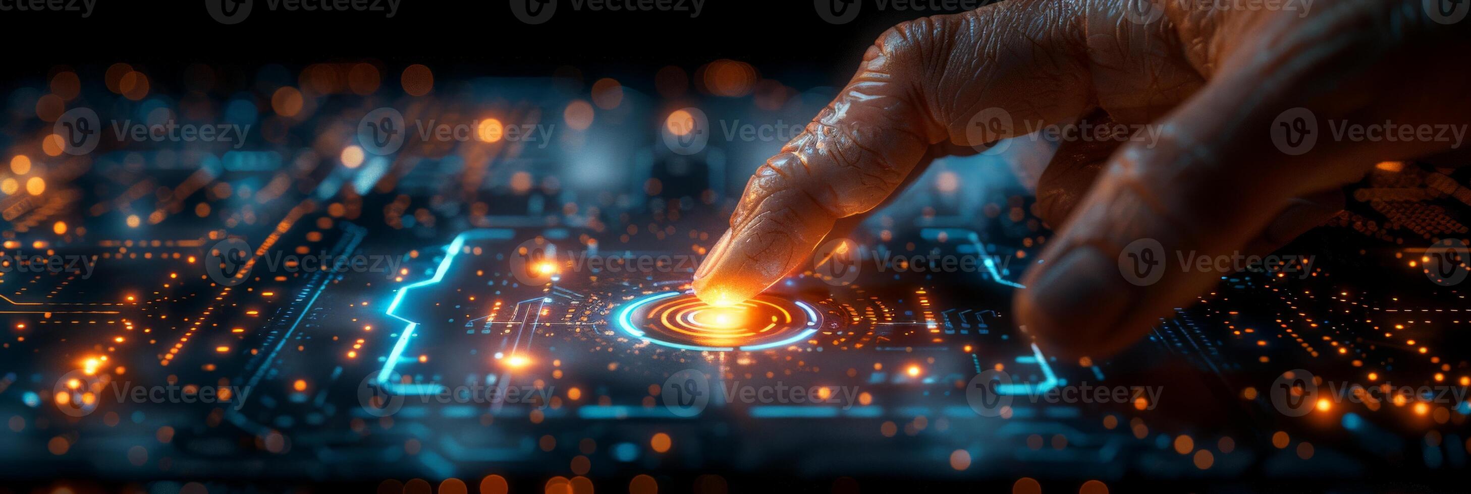A hand is pressing a button on a futuristic screen with an electric blue color photo