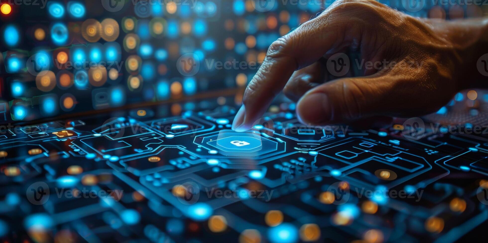 A human hand interacts with a futuristic digital interface in an envisioned setting photo