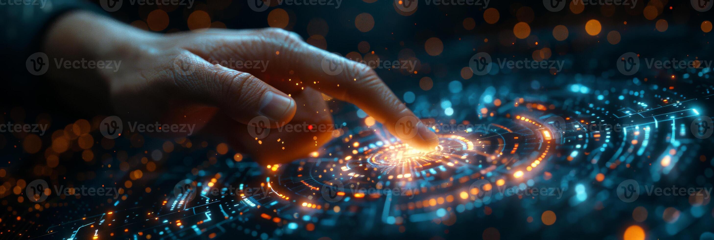 Person interact with futuristic screen using finger in immersive experience photo