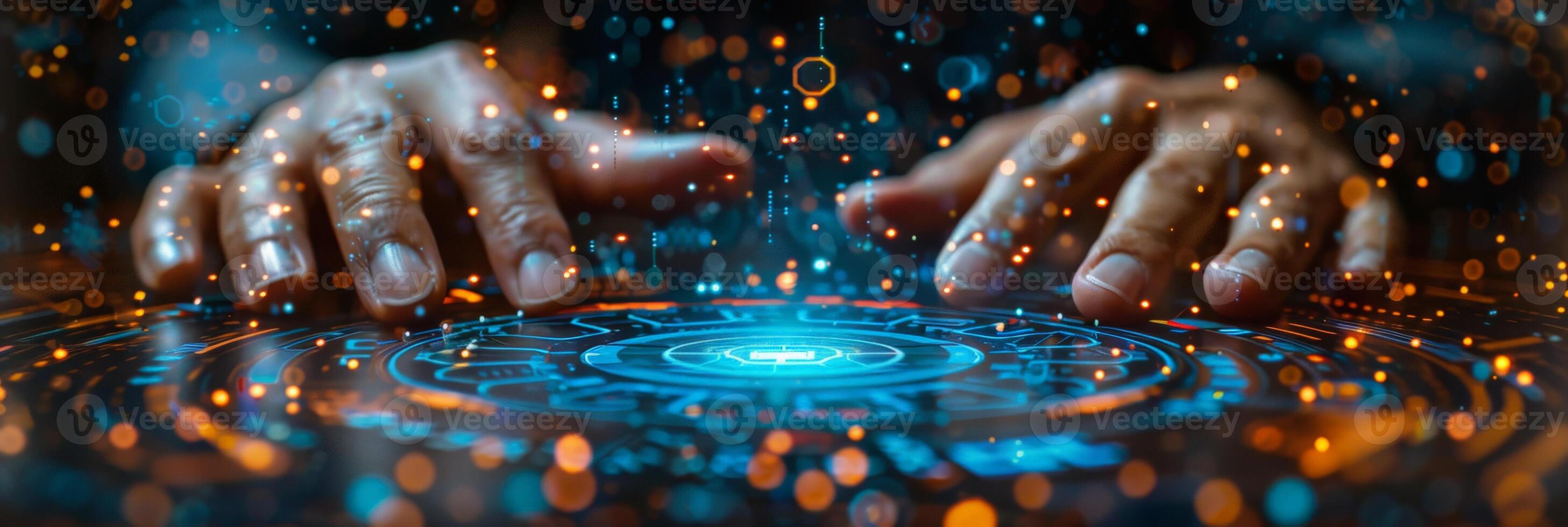 A persons hands pressing a button on a futuristic screen photo