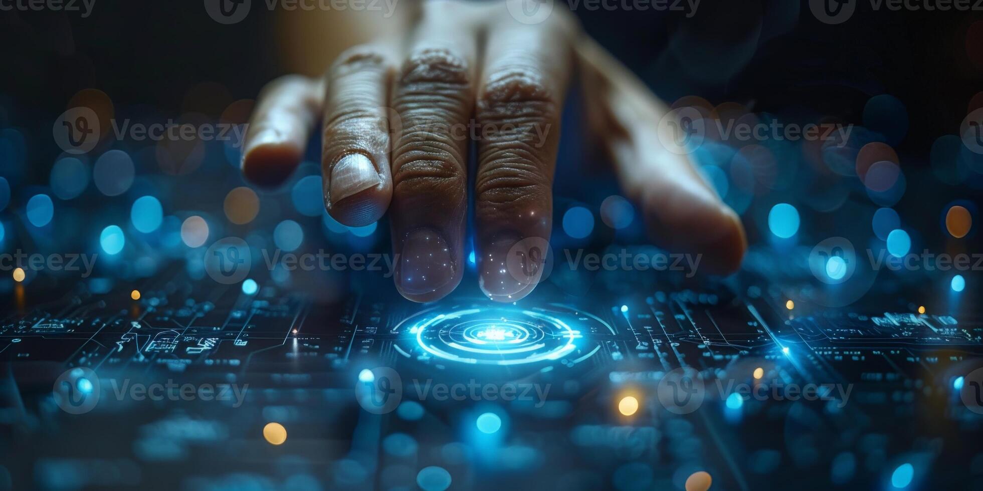 Close up of a hand pressing a button on a futuristic screen photo