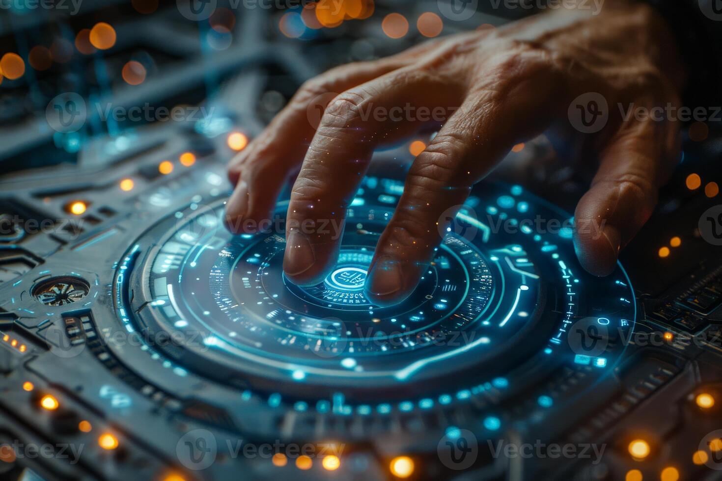 A hand pressing a modern technology button in the image photo