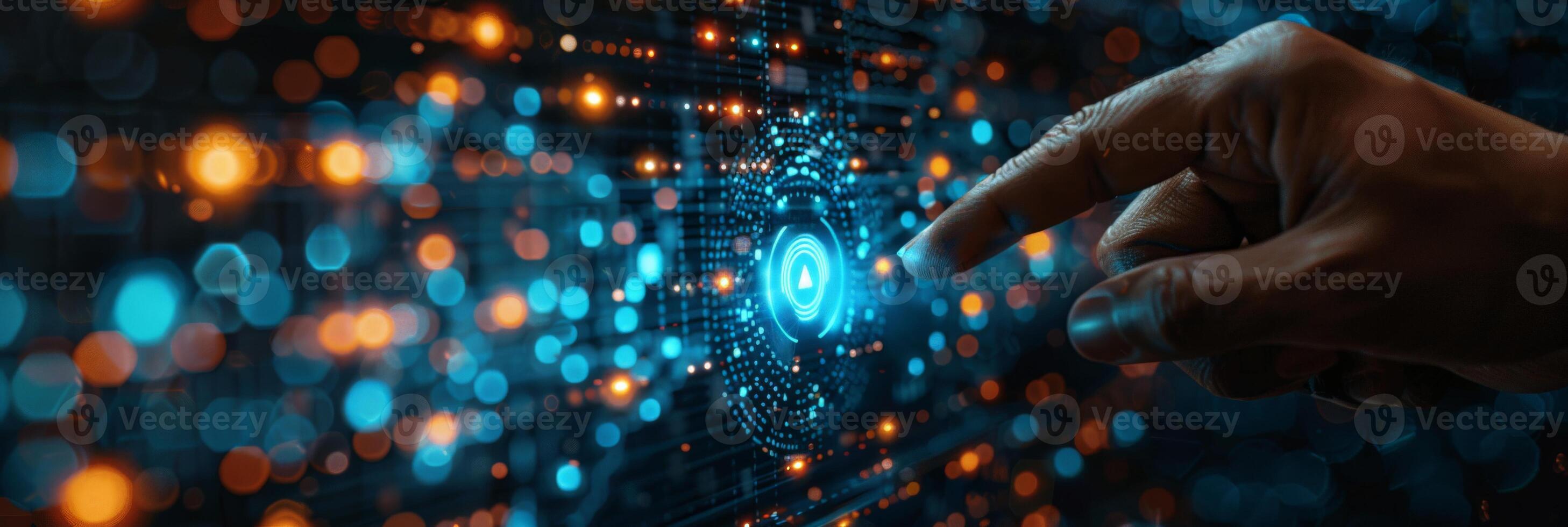 A hand presses a button on a digital screen in a technology demo photo
