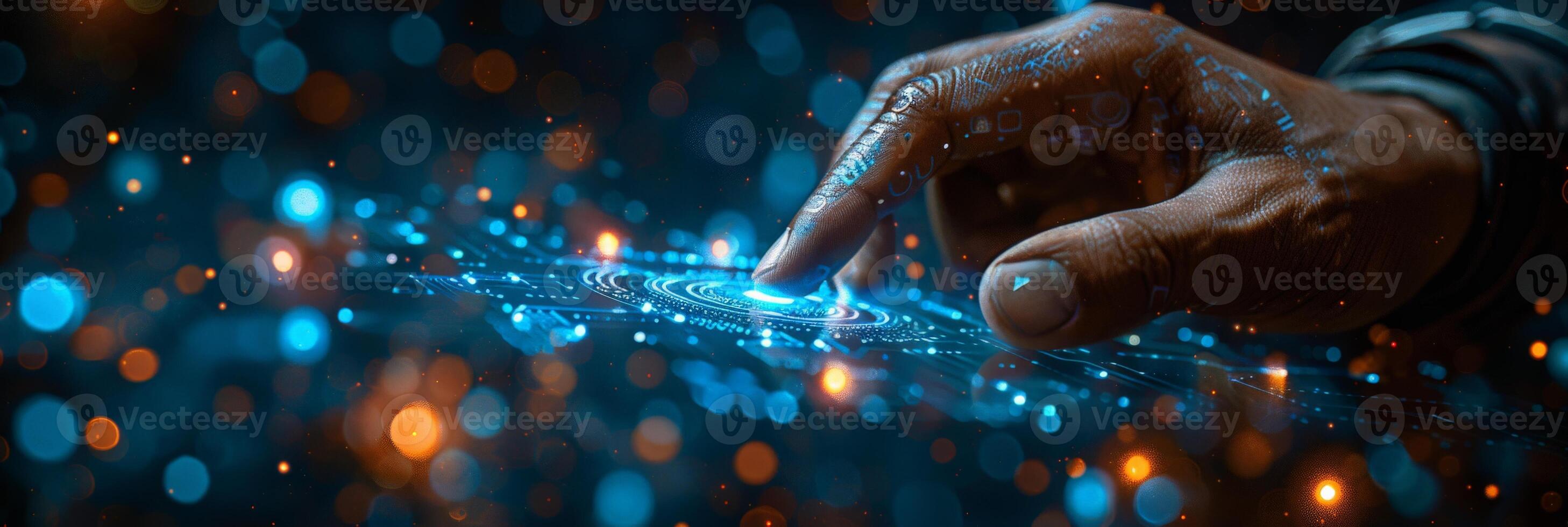 Persons hand touching digital screen with blue background and displayed digits photo