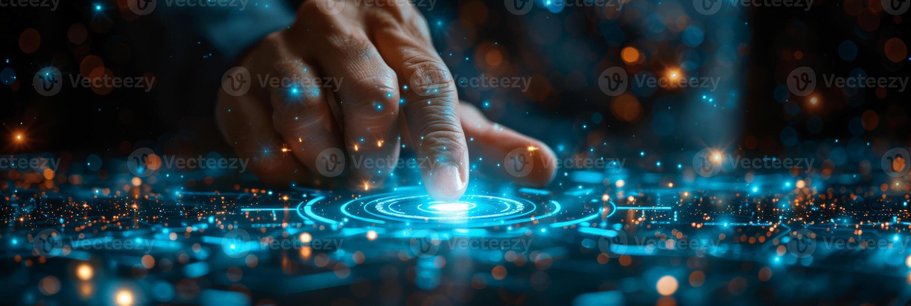 A person is interacting with a futuristic touchscreen using their finger photo