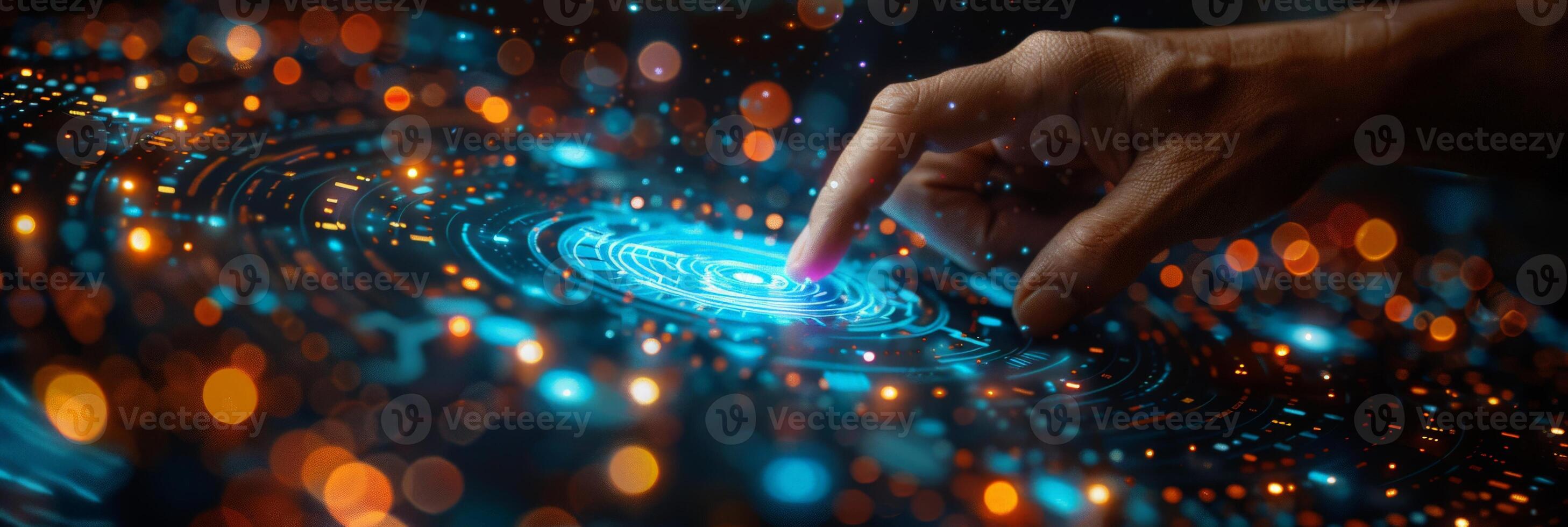 A hand is pressing a button on a technologically advanced display photo