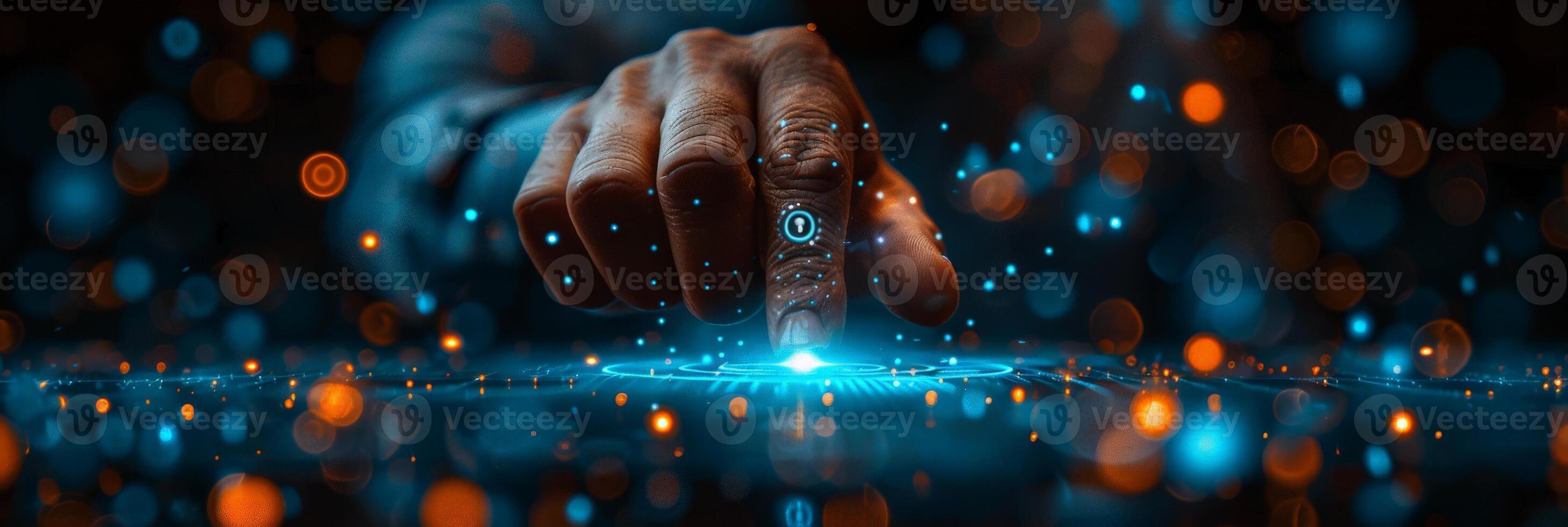 On a futuristic screen, a hand is seen pressing a button photo