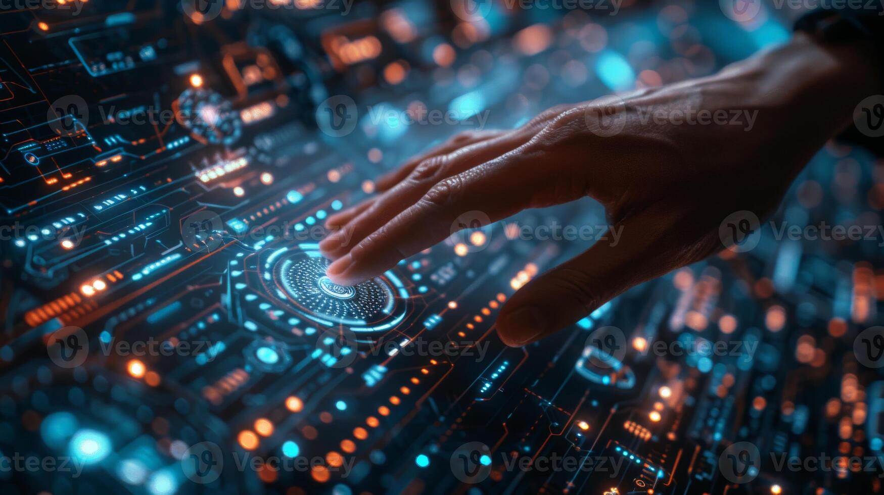 An individual is using their hand to press a button on a sophisticated display photo
