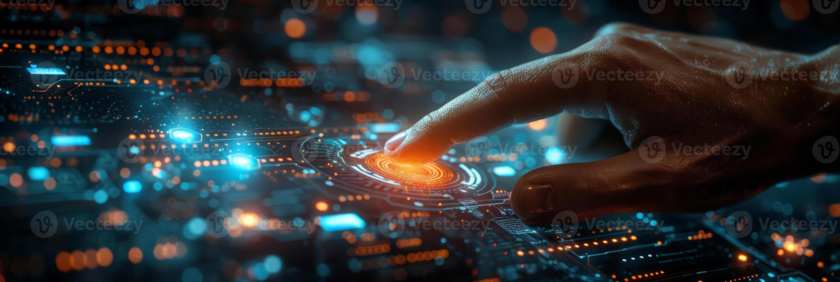 A hand is pushing a button on a modern screen with a futuristic design photo