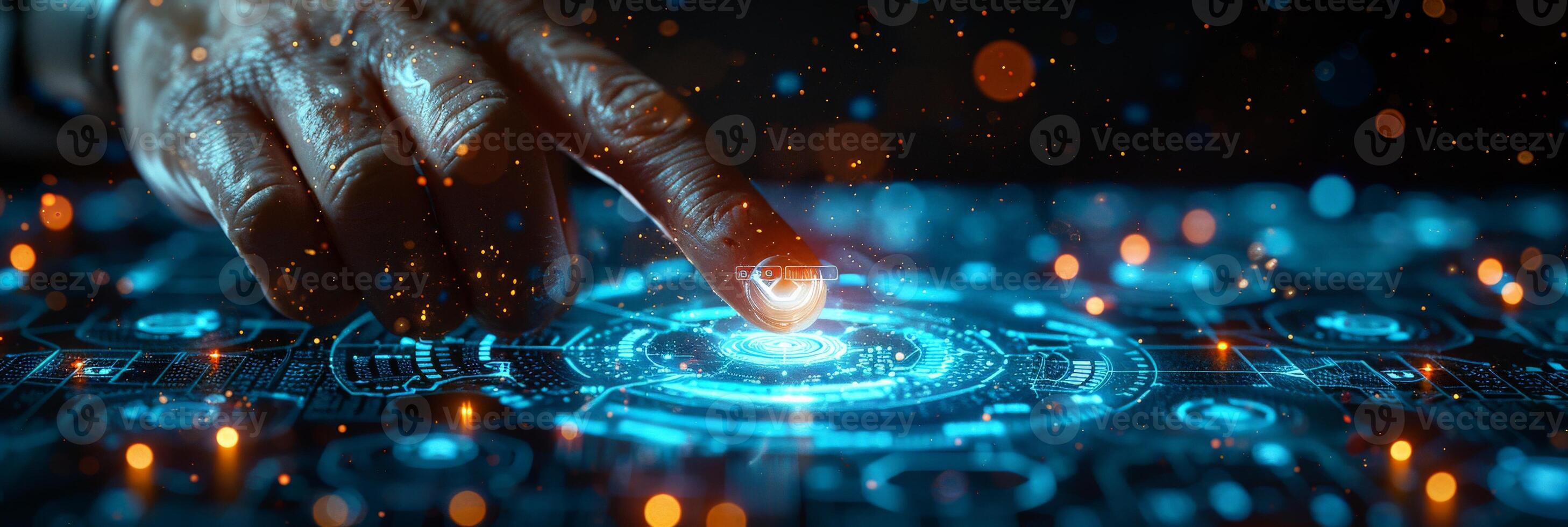 A hand is shown pressing a button on a screen with a futuristic design photo