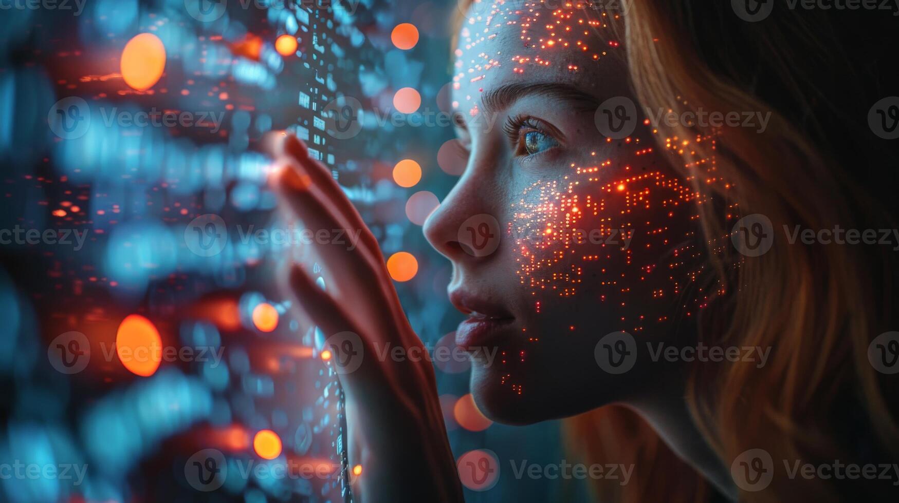 A woman gazes out a window, her face illuminated by artificial light photo