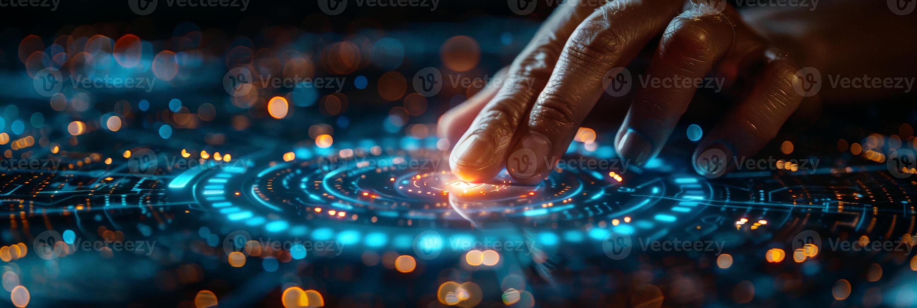 A person is interacting with a hightech screen using their finger photo