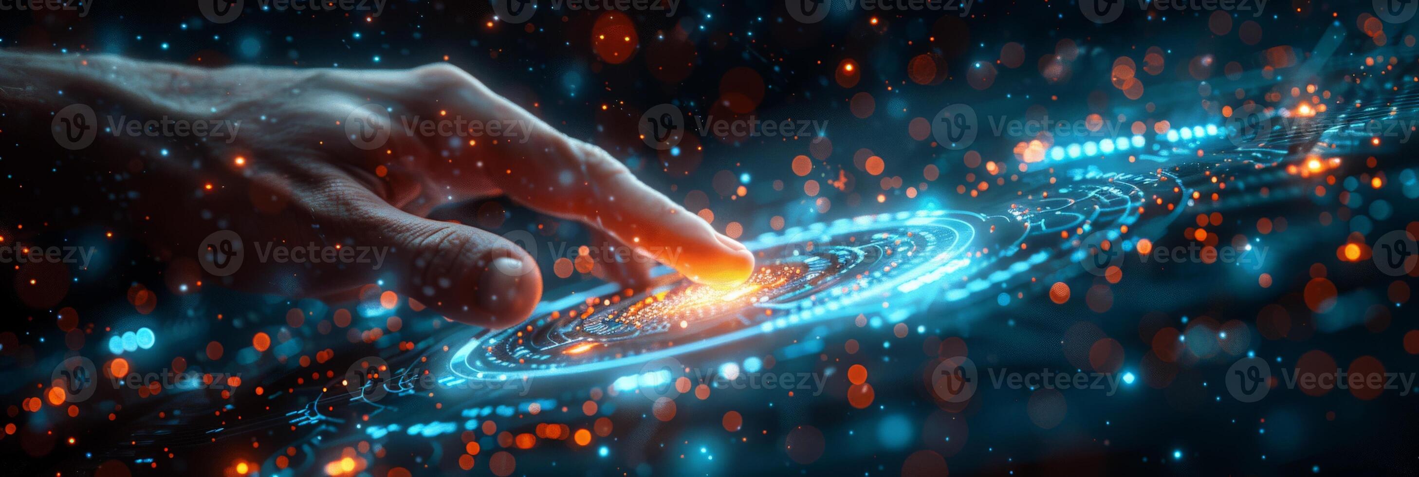 A hand presses a button on a futuristic screen with a space theme photo
