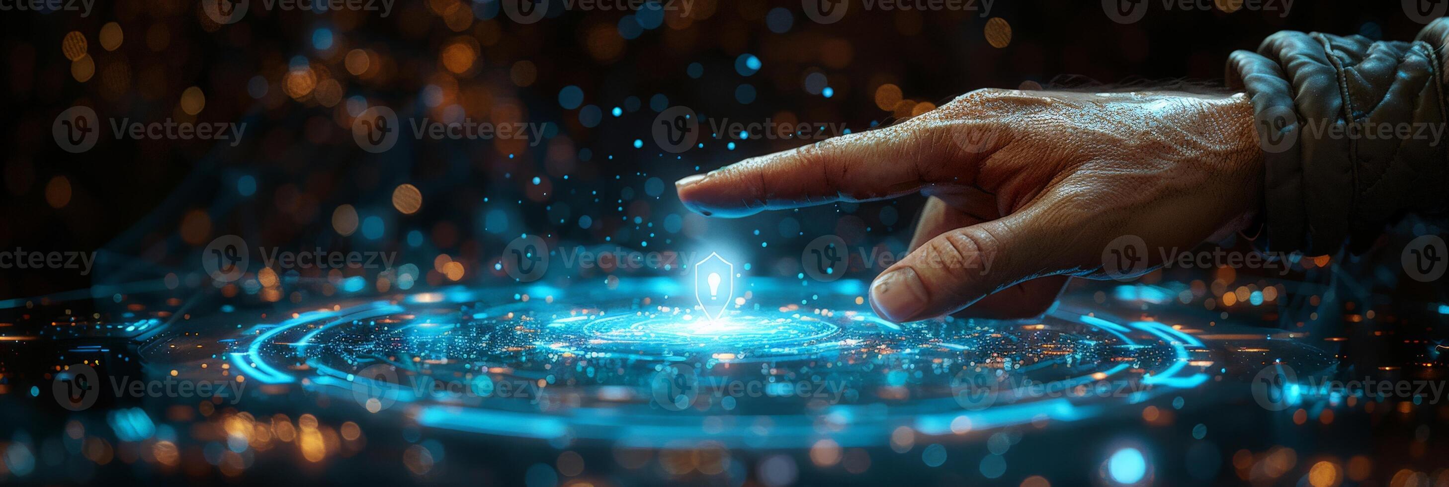 A hand is pressing a button on a futuristic screen with an electric blue glow photo
