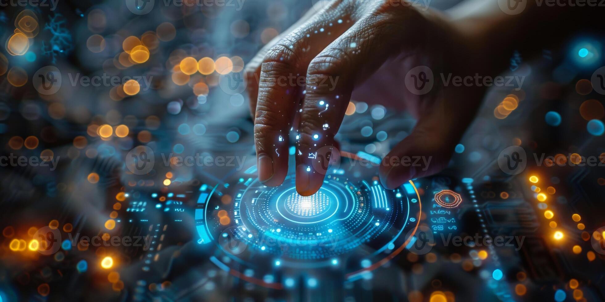 A person is interacting with a futuristic screen using their finger photo