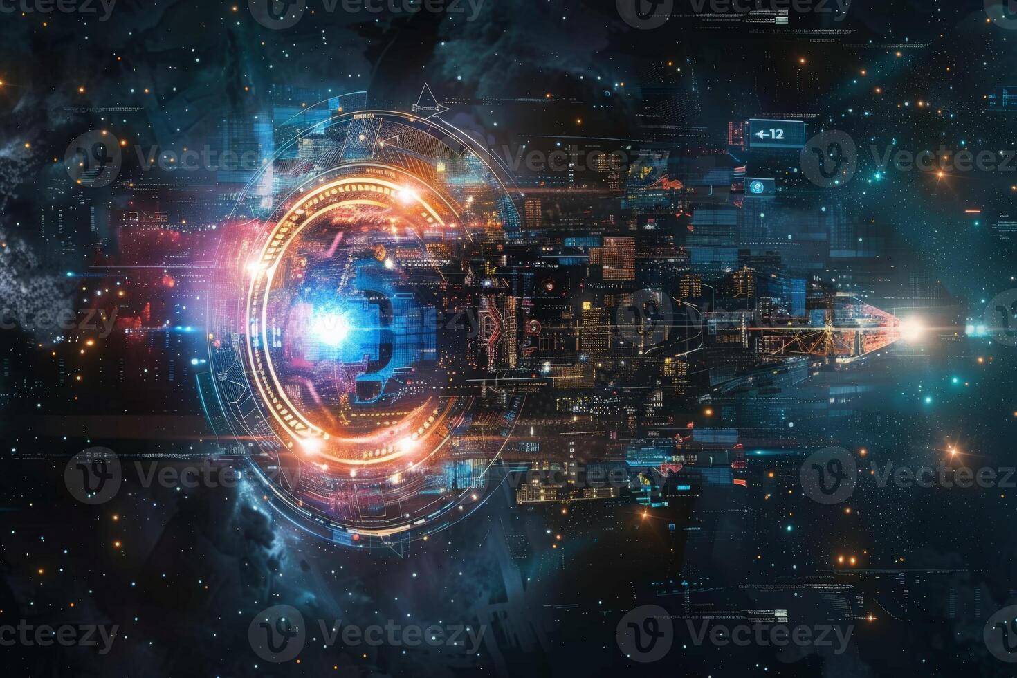 A digital representation of an urban setting in outer space photo