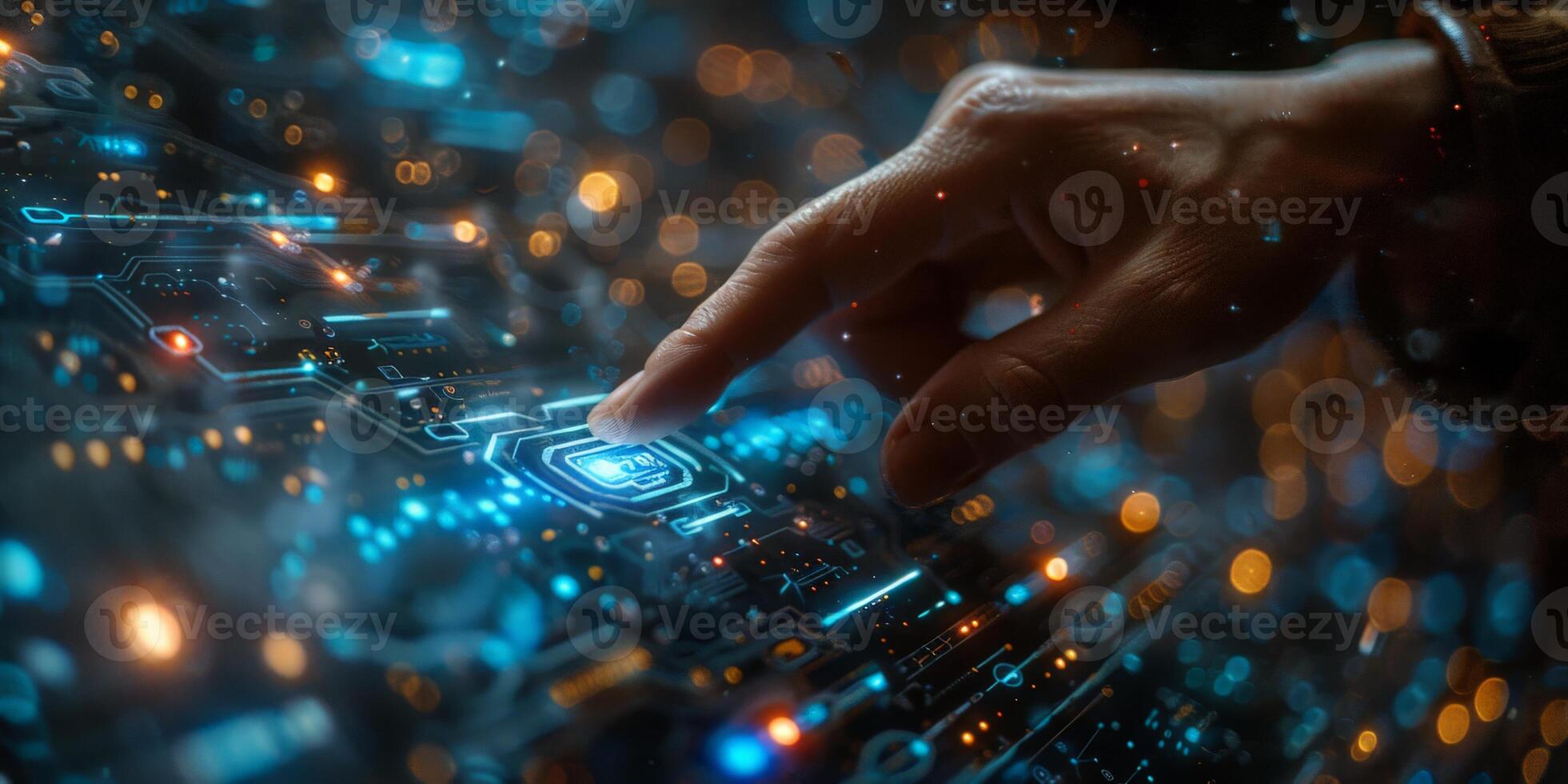 A person is seen pressing a button displayed on a computer screen photo