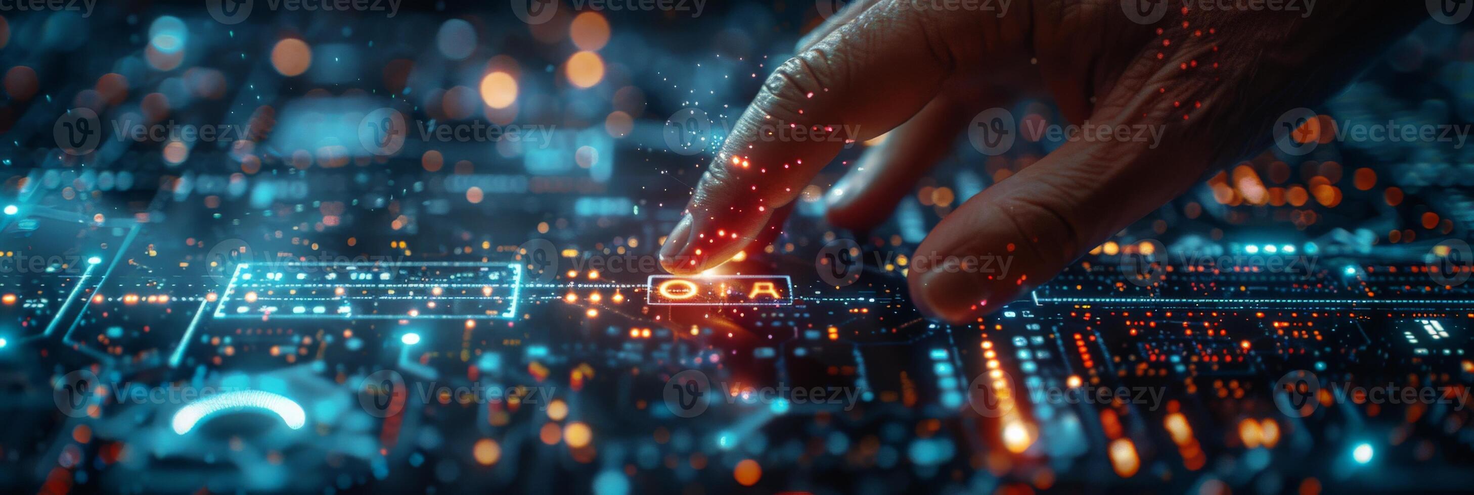 A person is interacting with a futuristic touch screen photo
