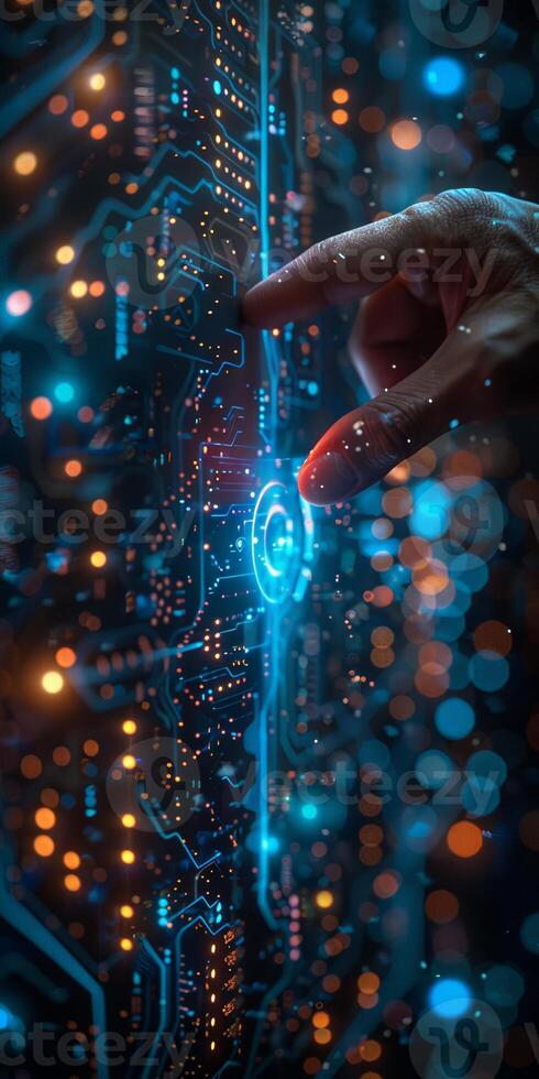 In the image, someone is directing their finger towards a modern circuit board photo