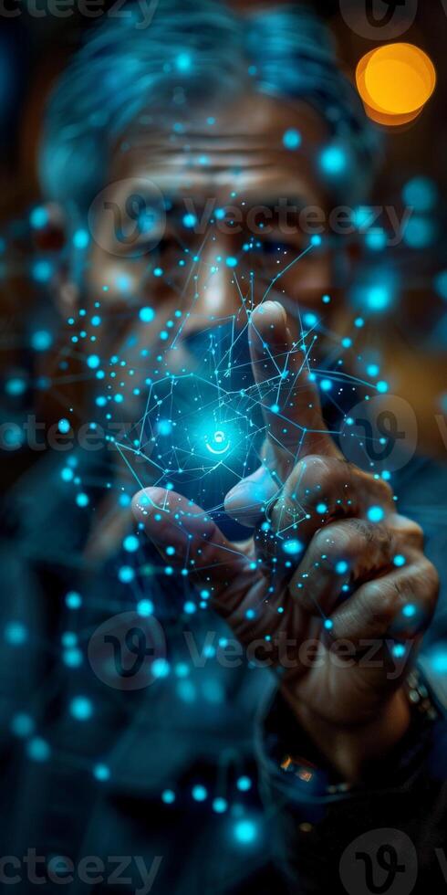 A man presses a button on a futuristic screen with advanced technology photo