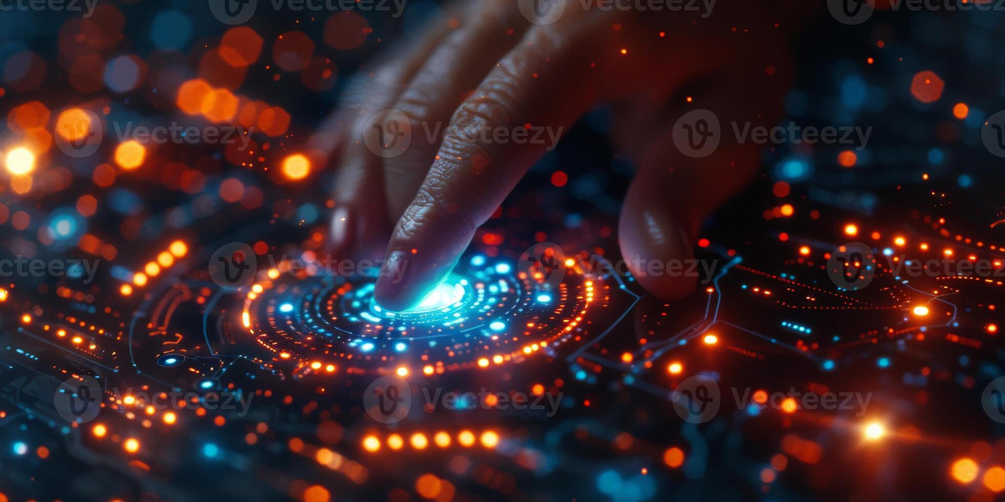 A person is interacting with a modern touchscreen using their finger photo