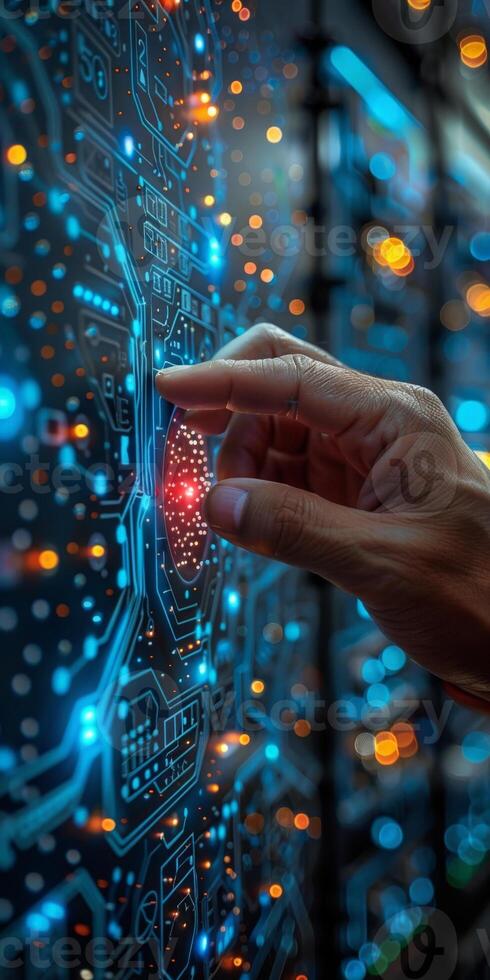 A person makes a gesture by touching a circuit board with their finger photo