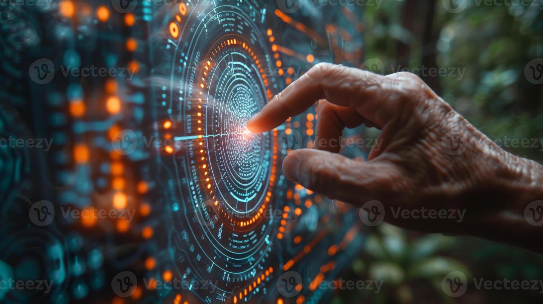 A hand is pressing a button on a modern touchscreen photo