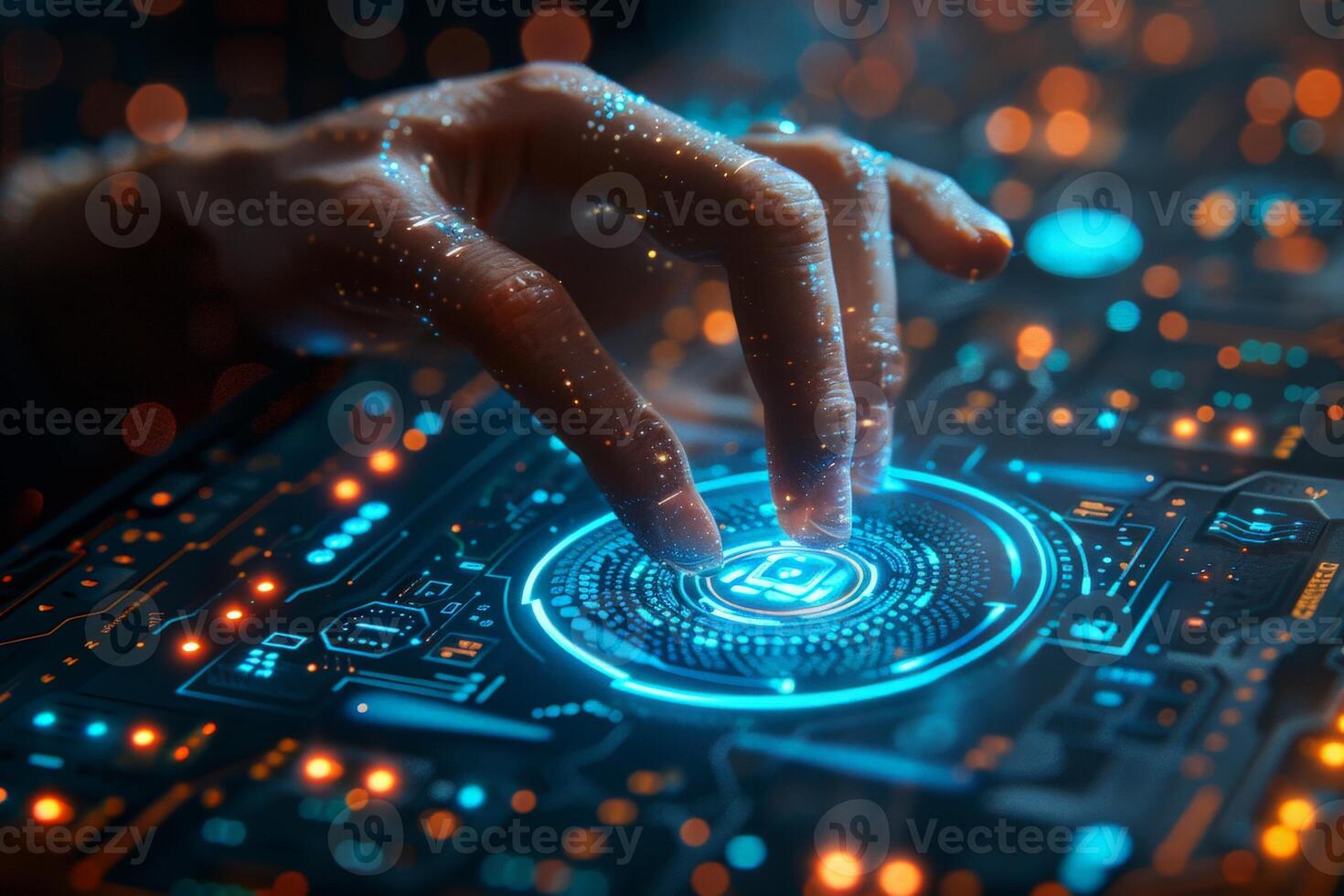 A persons hand is using a futuristic screen to press a button photo
