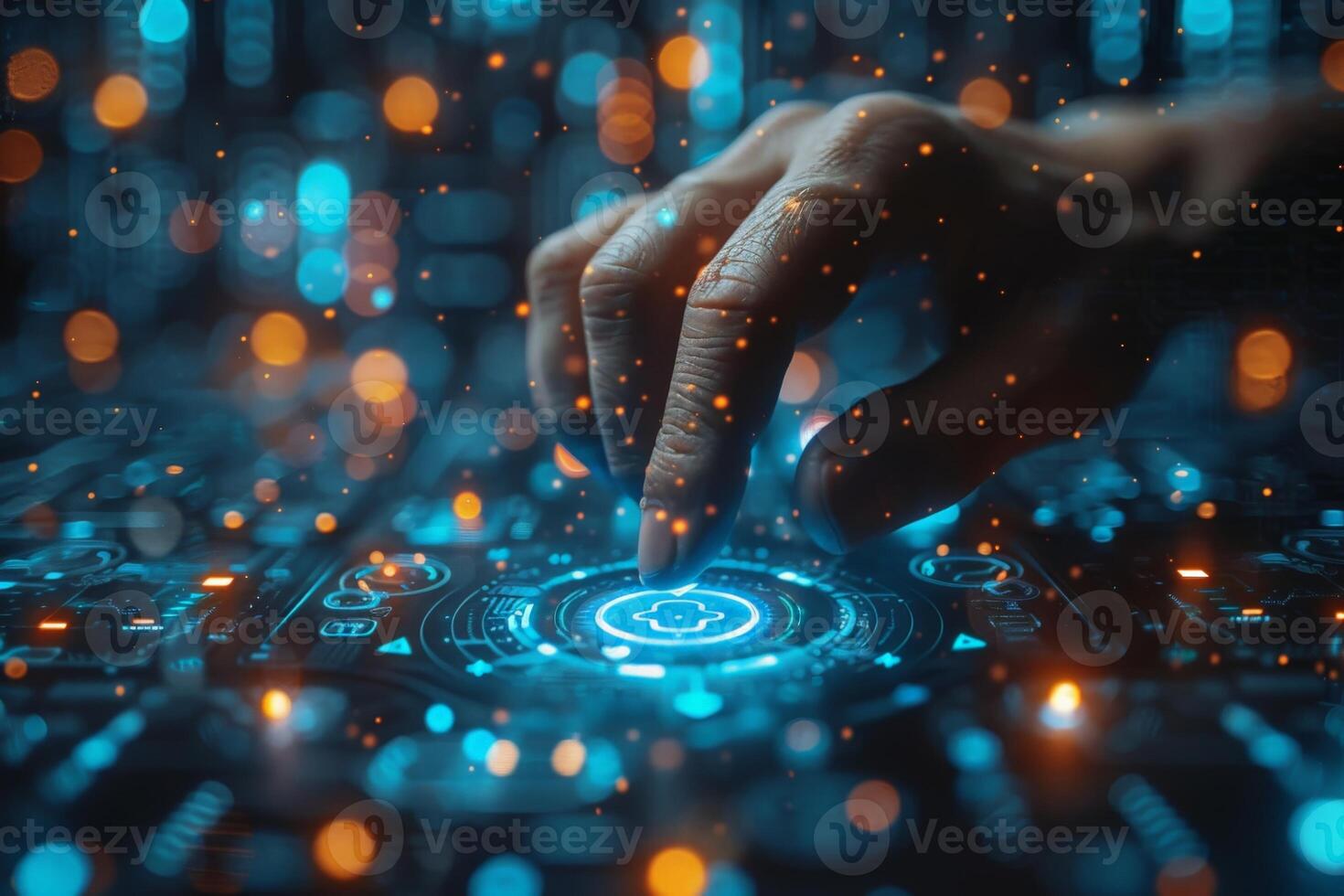 A hand is applying pressure to a button on a modern digital display photo