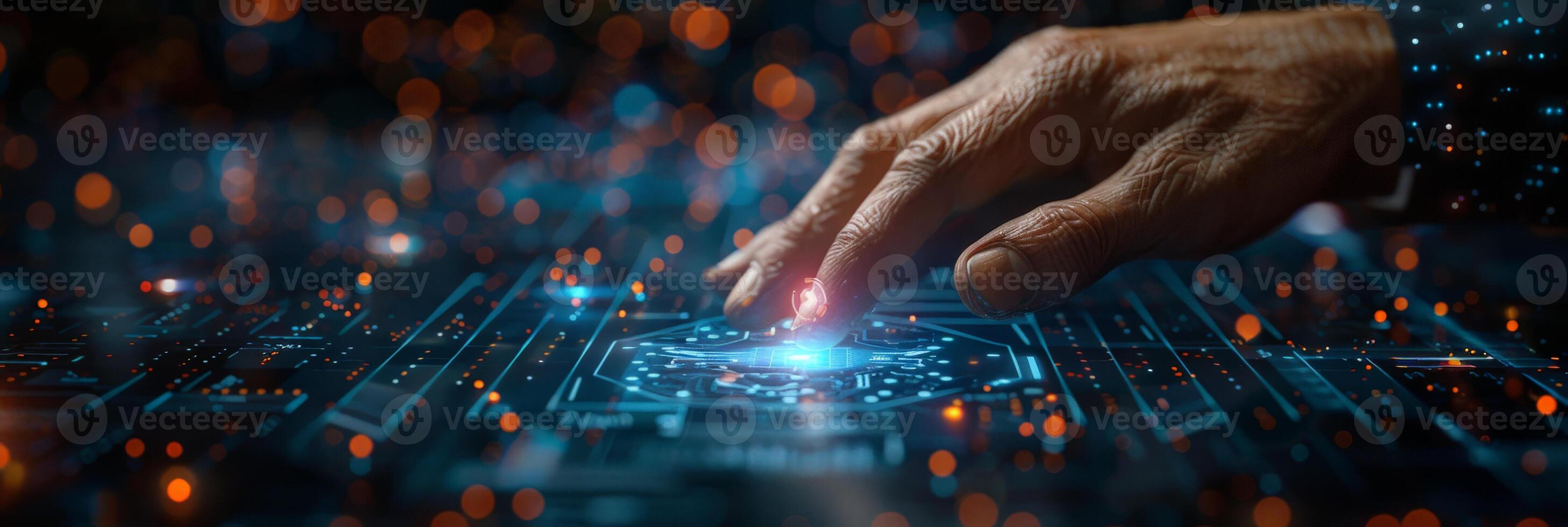 Closeup of a persons hand pressing a button on a computer screen photo