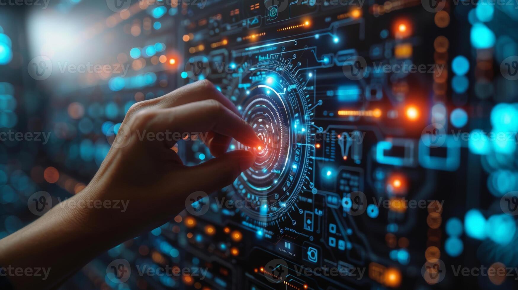 A person is using their finger to touch a futuristic screen for interaction photo