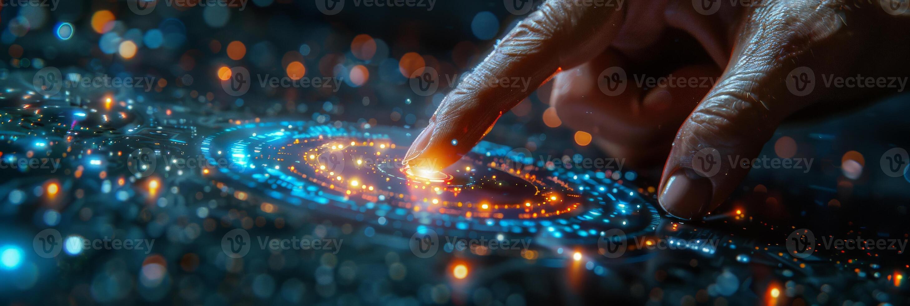A person is touching a digital screen with their finger, interacting with it photo