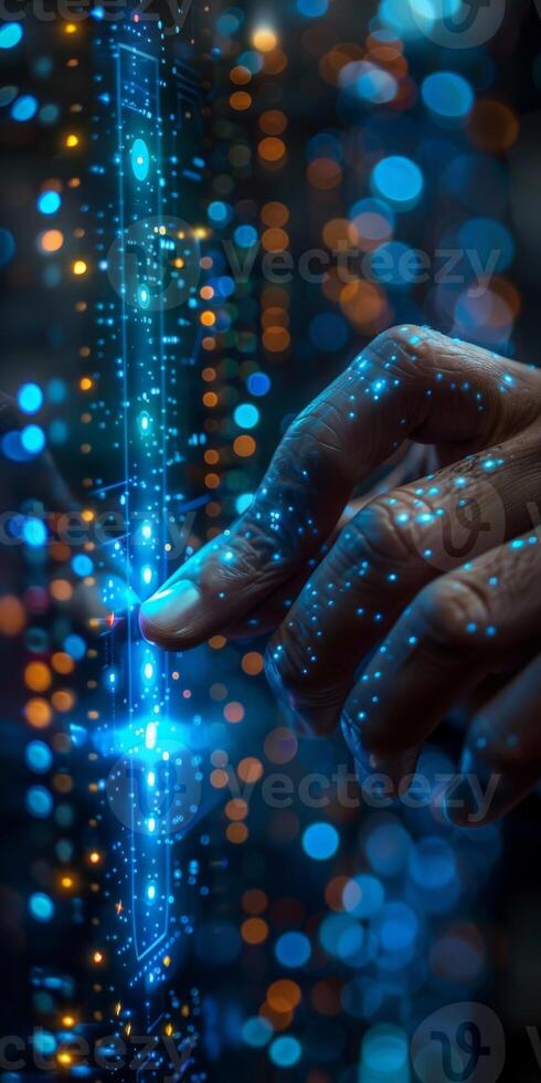 Futuristic Touch Interface with Glowing Blue and Orange Lights, utilizing advanced technology photo