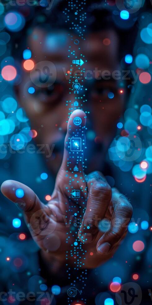 A man is interacting with a button on a screen using his finger photo