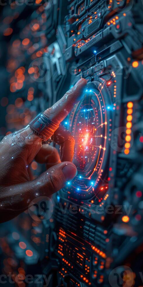 A person is interacting with a futuristic touchscreen using their finger photo