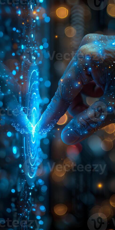 A person uses fingertip to interact with display in picture photo